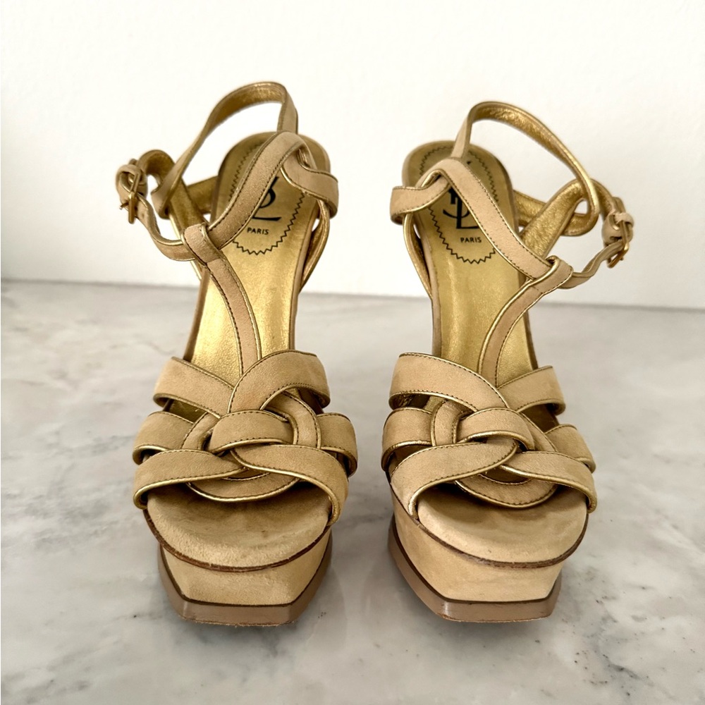 Yves Saint Laurent YSL Tribute Beige Tan Suede Gold Trim Platform Heels 37.5 - Picture 2 of 16